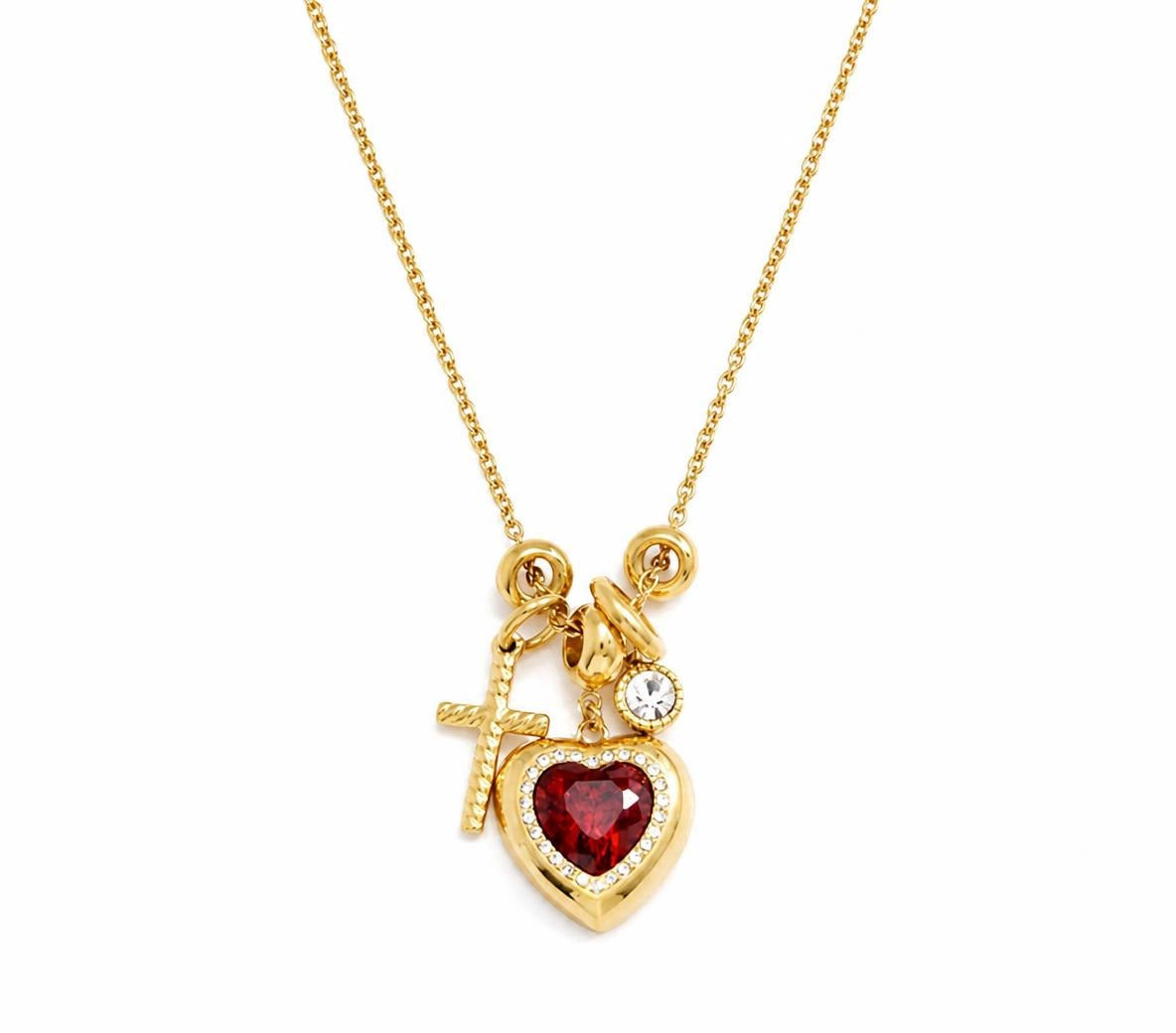 Ruby heart and cross charm necklace in gold